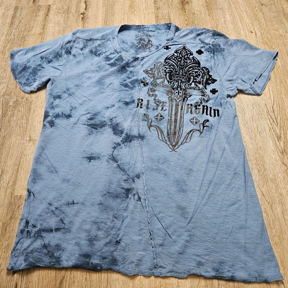 Raw State Shirt Mens XL Blue Cross Graphic Cross Logo Wings Honor Glory Grunge